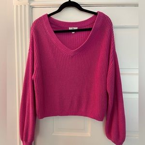 Pink Vneck Cropped Balloon Sleeve Sweater